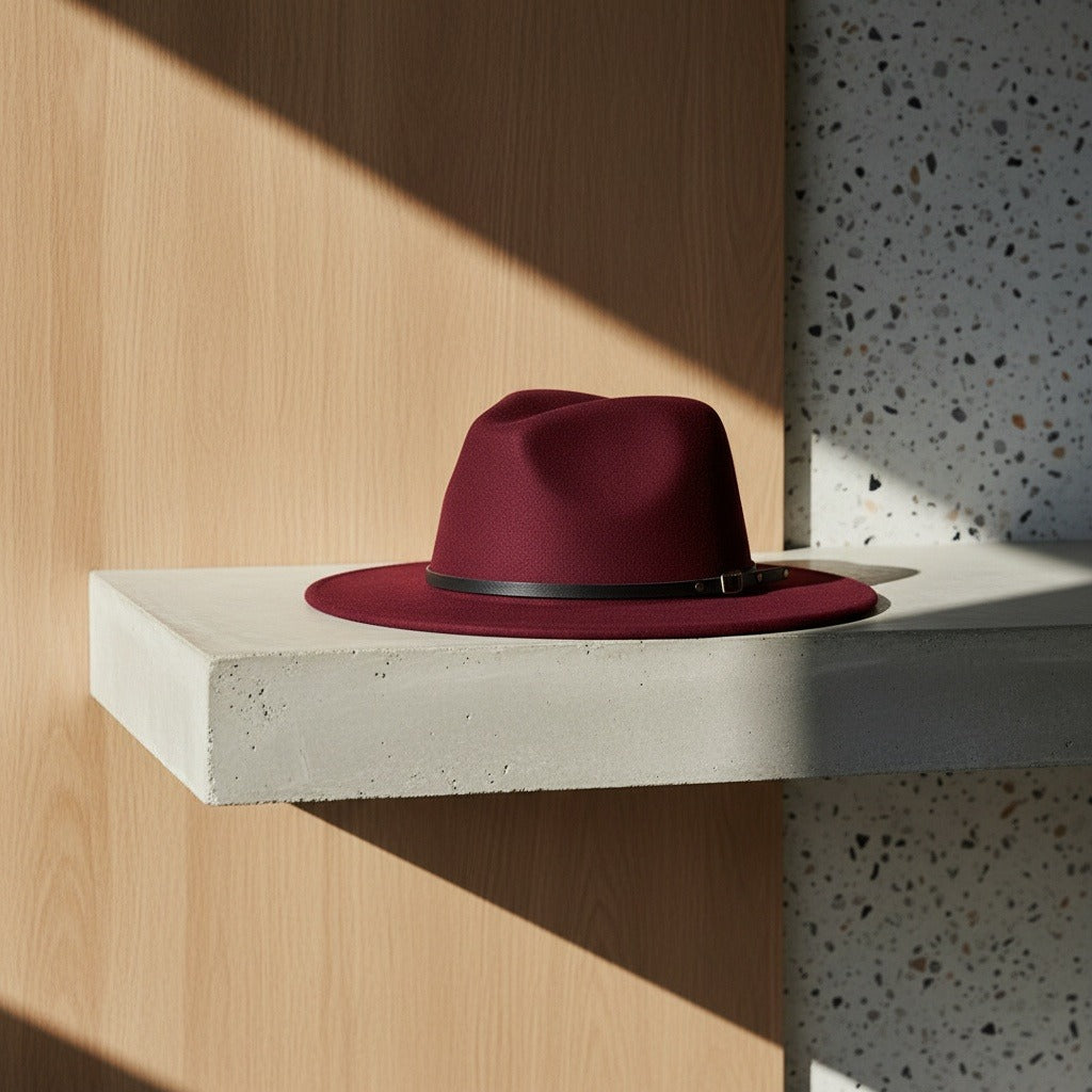 Men’s Felt Fedora Hat with Wide Brim and Buckle Band