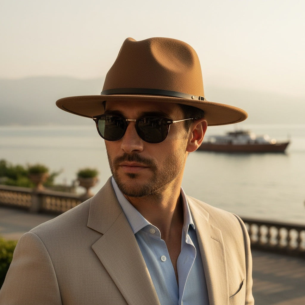 Men’s Felt Fedora Hat with Wide Brim and Buckle Band