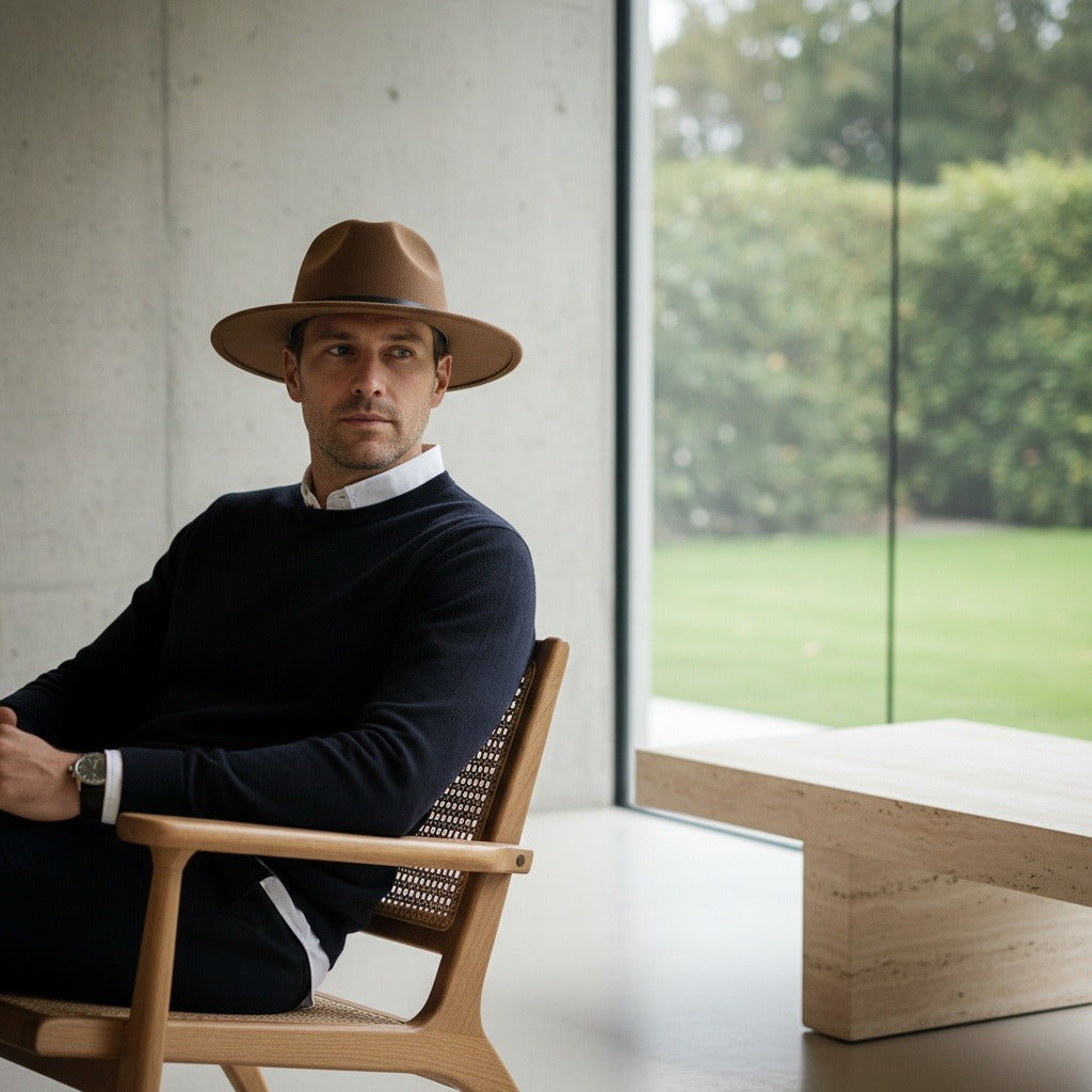 Men’s Felt Fedora Hat with Wide Brim and Buckle Band