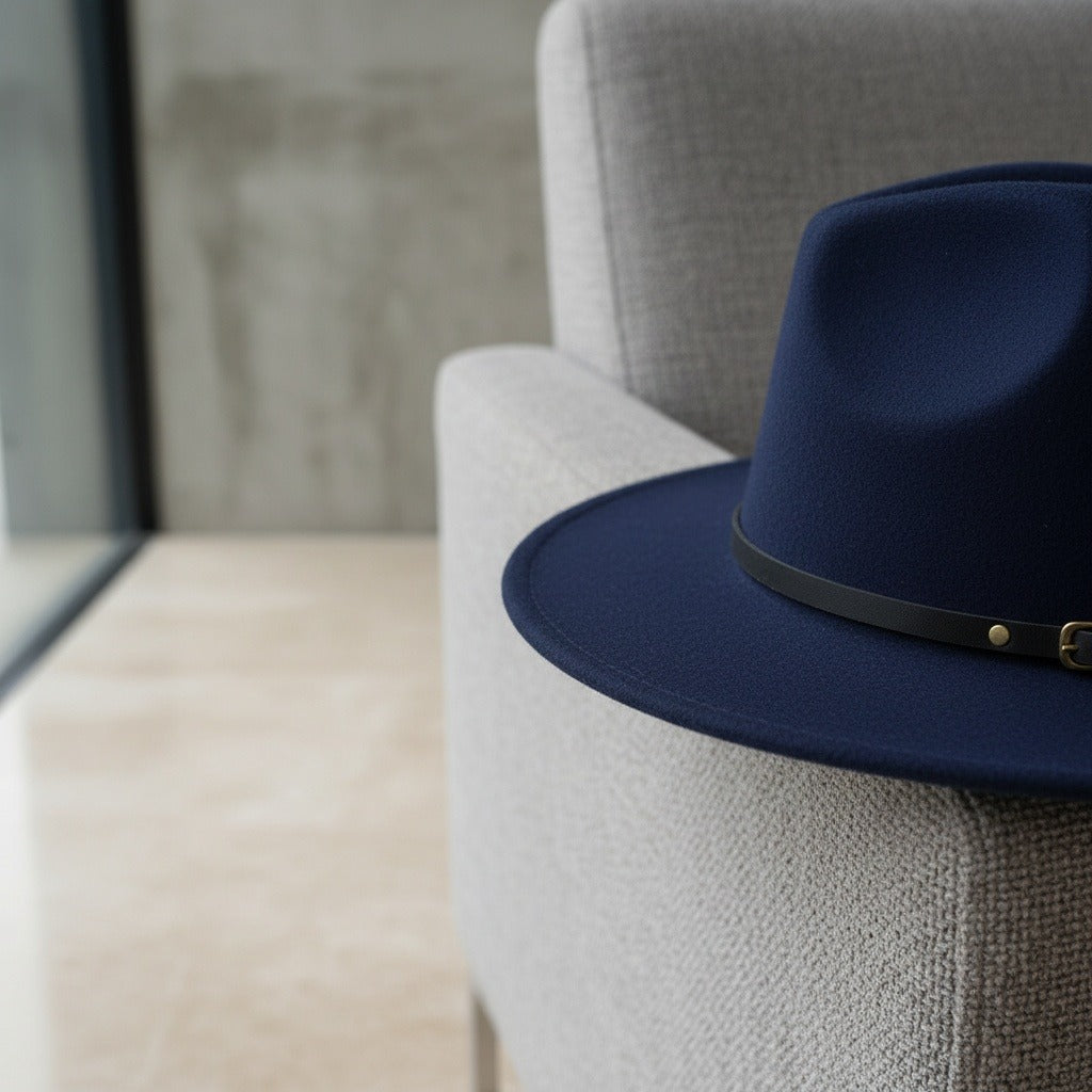 Men’s Felt Fedora Hat with Wide Brim and Buckle Band