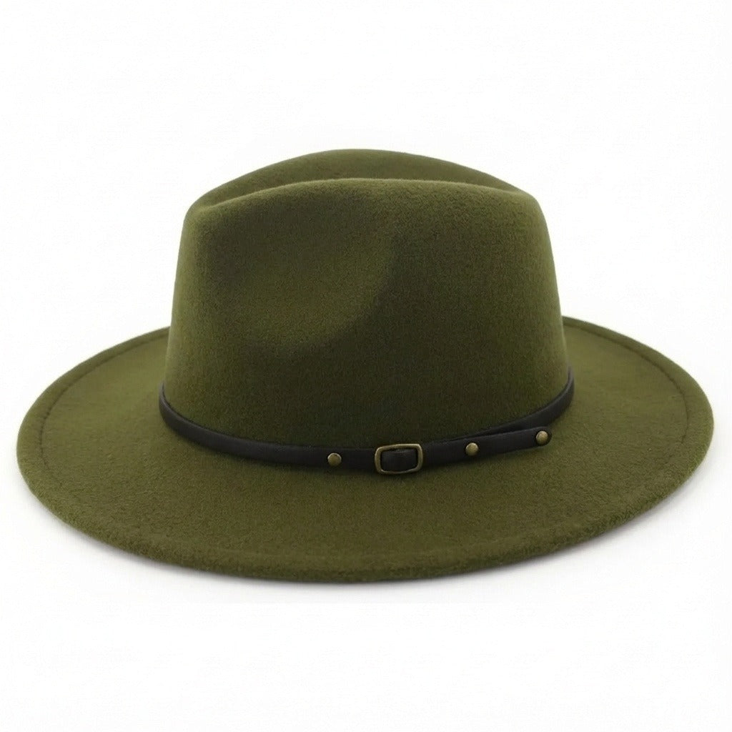 Men’s Felt Fedora Hat with Wide Brim and Buckle Band
