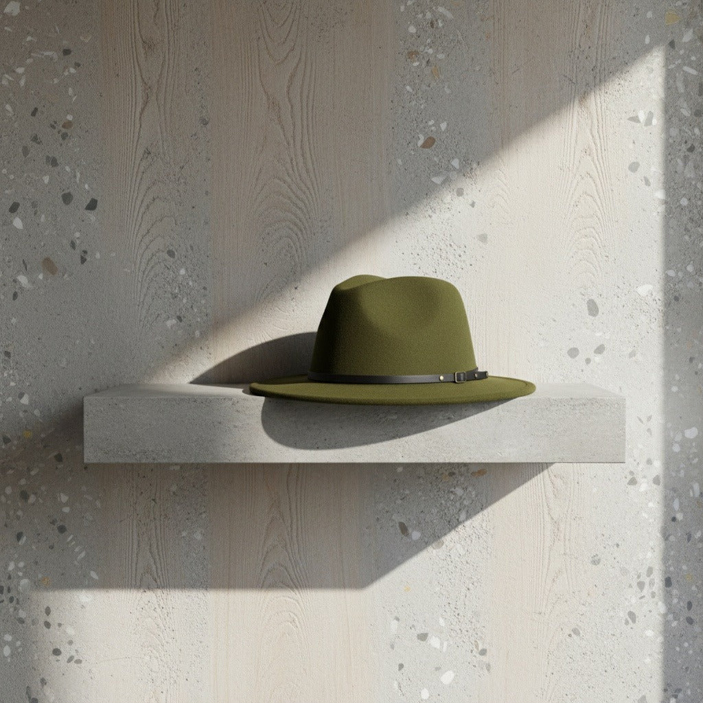 Men’s Felt Fedora Hat with Wide Brim and Buckle Band
