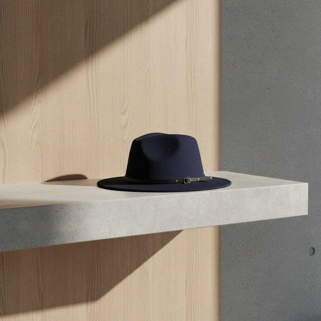 Men’s Felt Fedora Hat with Wide Brim and Buckle Band