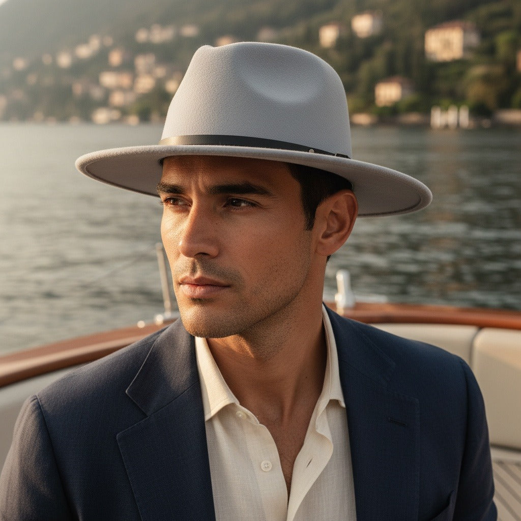 Men’s Felt Fedora Hat with Wide Brim and Buckle Band