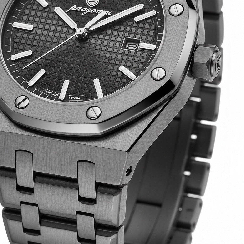 Men’s Stainless Steel Quartz Watch with Integrated Bracelet and Date Display