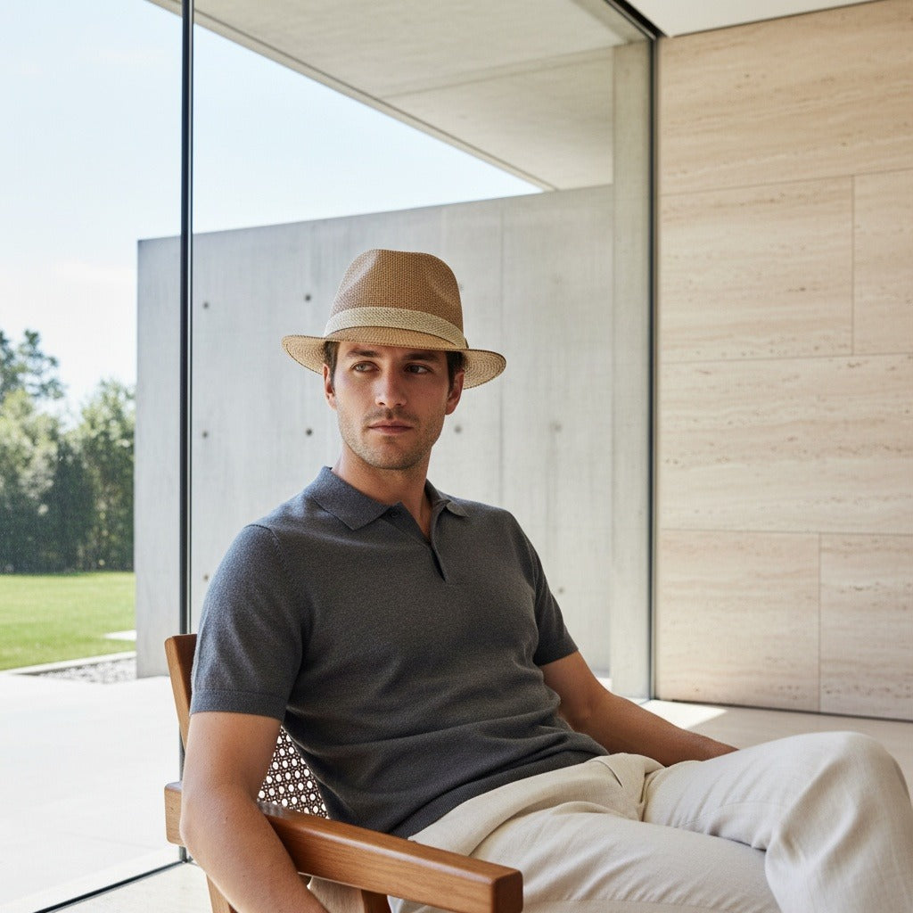 Men’s Woven Straw Fedora Hat with Contrast Band