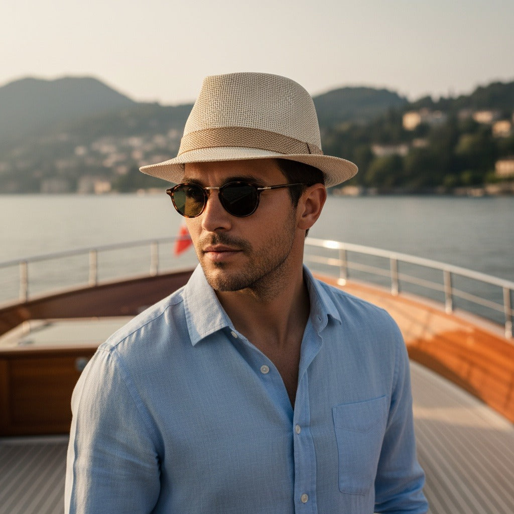 Men’s Woven Straw Fedora Hat with Contrast Band