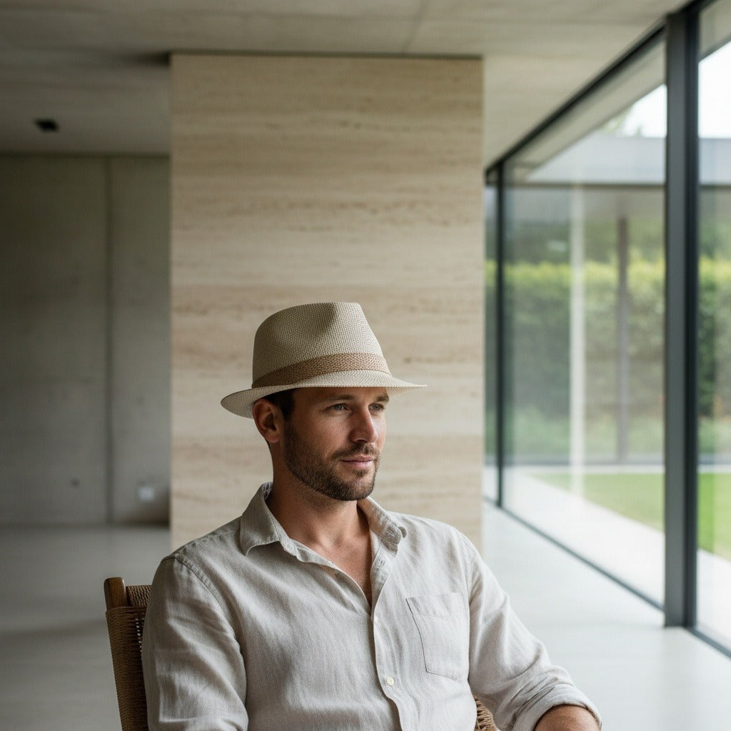 Men’s Woven Straw Fedora Hat with Contrast Band