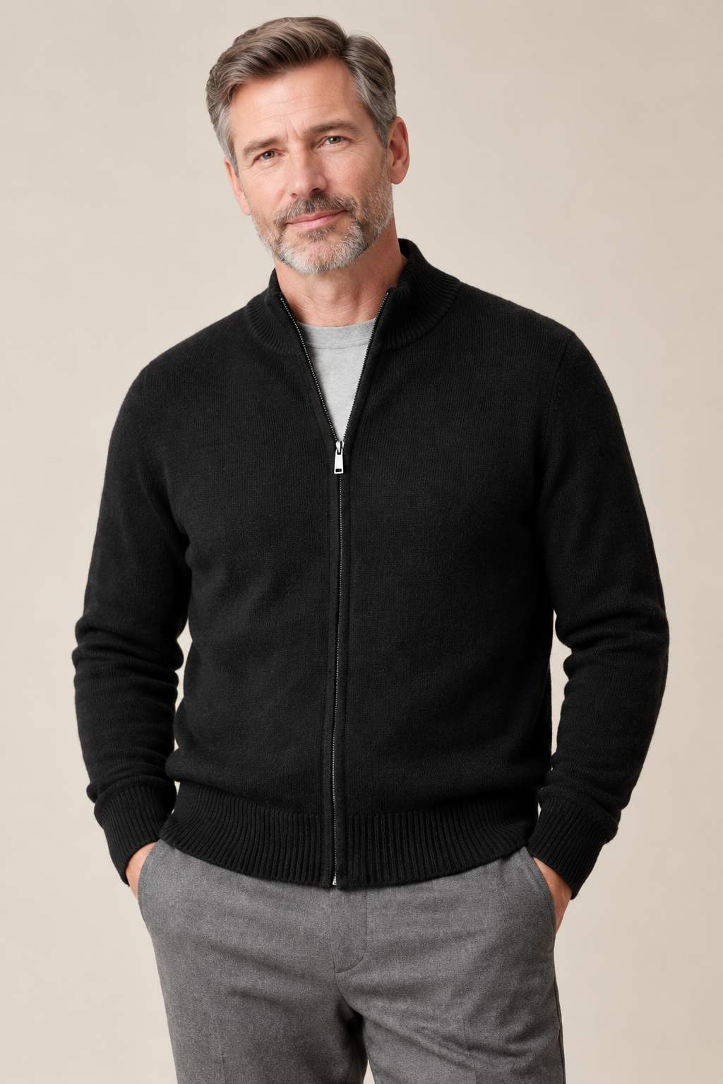 Men’s 100% Merino Wool Full-Zip Mock-Neck Cardigan