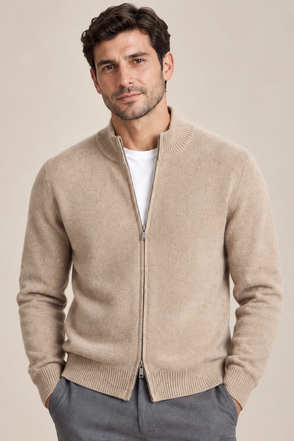 Men’s 100% Merino Wool Full-Zip Mock-Neck Cardigan