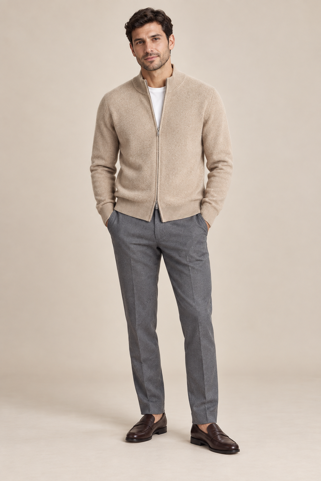 Men’s 100% Merino Wool Full-Zip Mock-Neck Cardigan