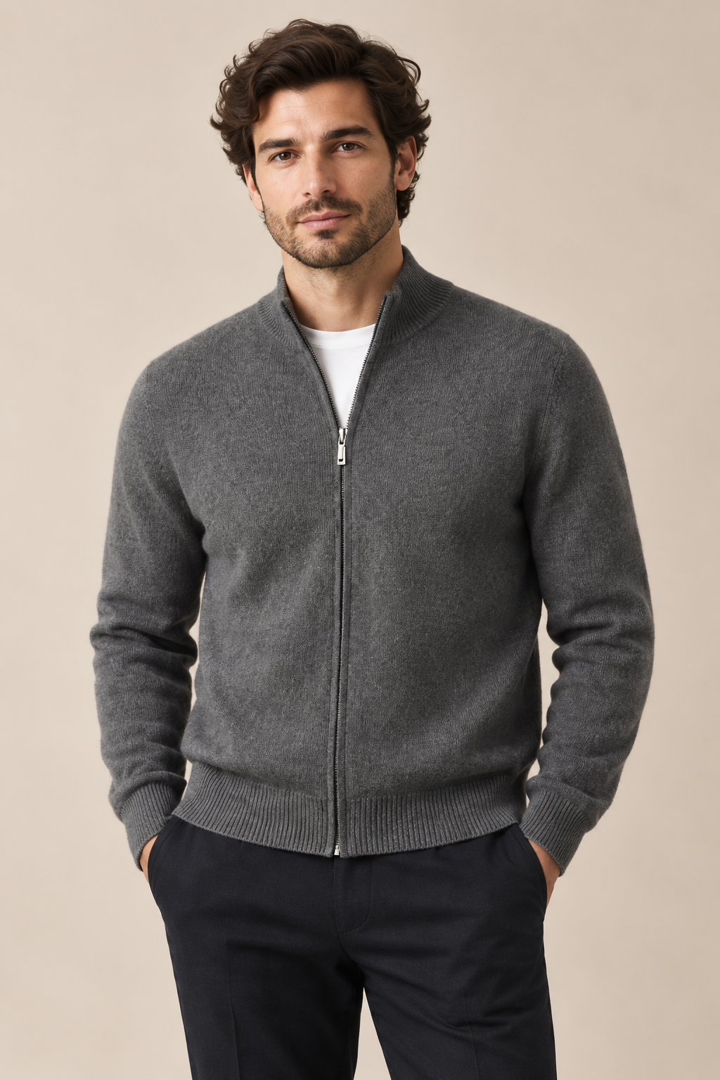 Men’s 100% Merino Wool Full-Zip Mock-Neck Cardigan