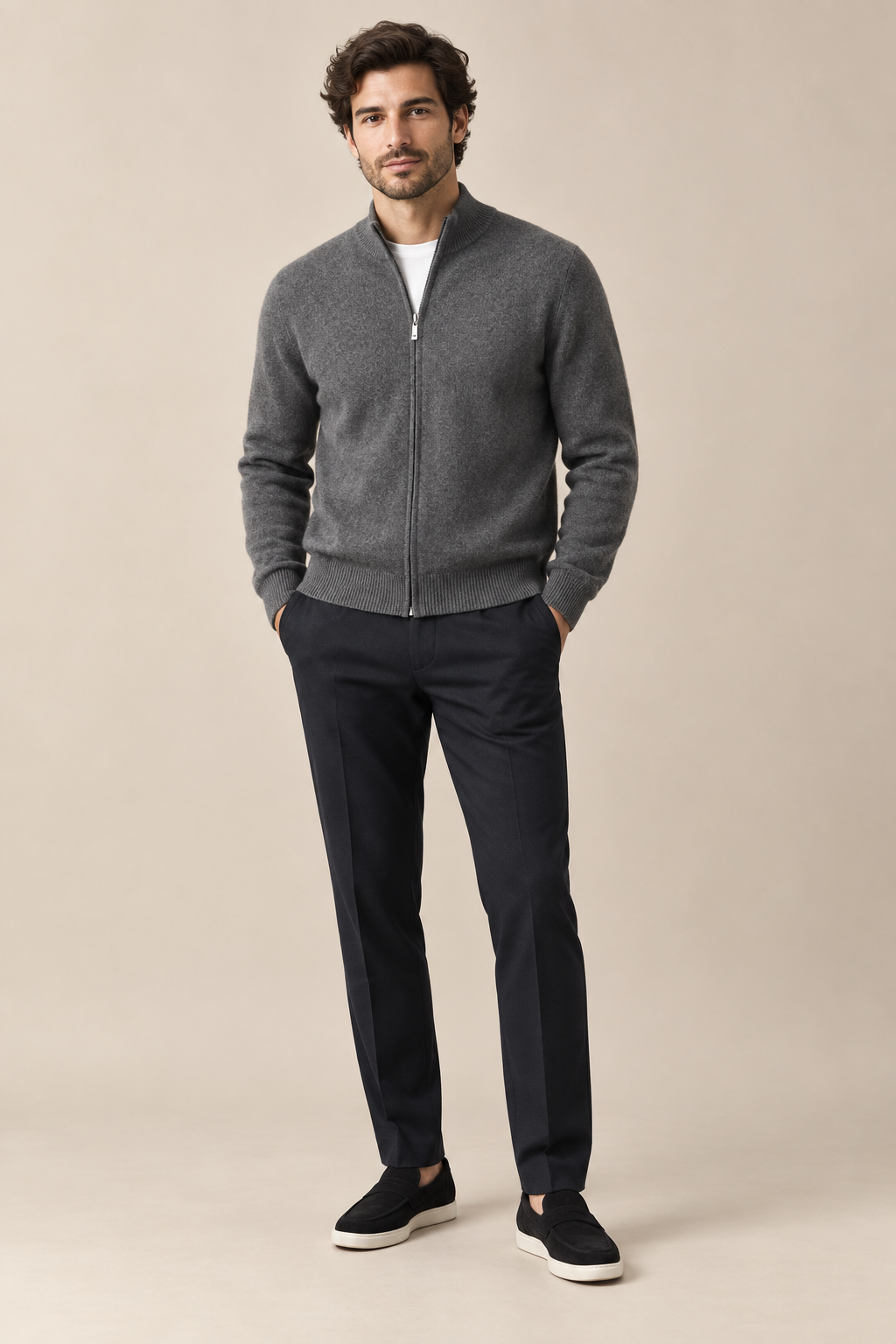 Men’s 100% Merino Wool Full-Zip Mock-Neck Cardigan