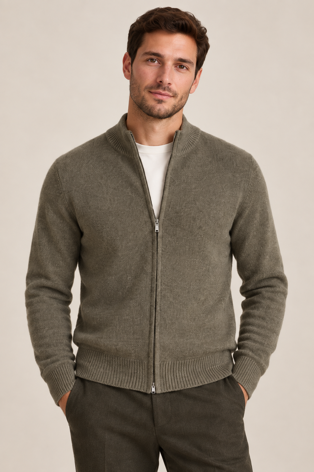 Men’s 100% Merino Wool Full-Zip Mock-Neck Cardigan