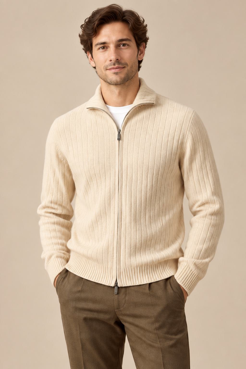 Men’s 100% Merino Wool Rib-Knit Full-Zip Cardigan