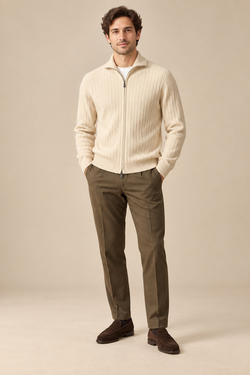 Men’s 100% Merino Wool Rib-Knit Full-Zip Cardigan