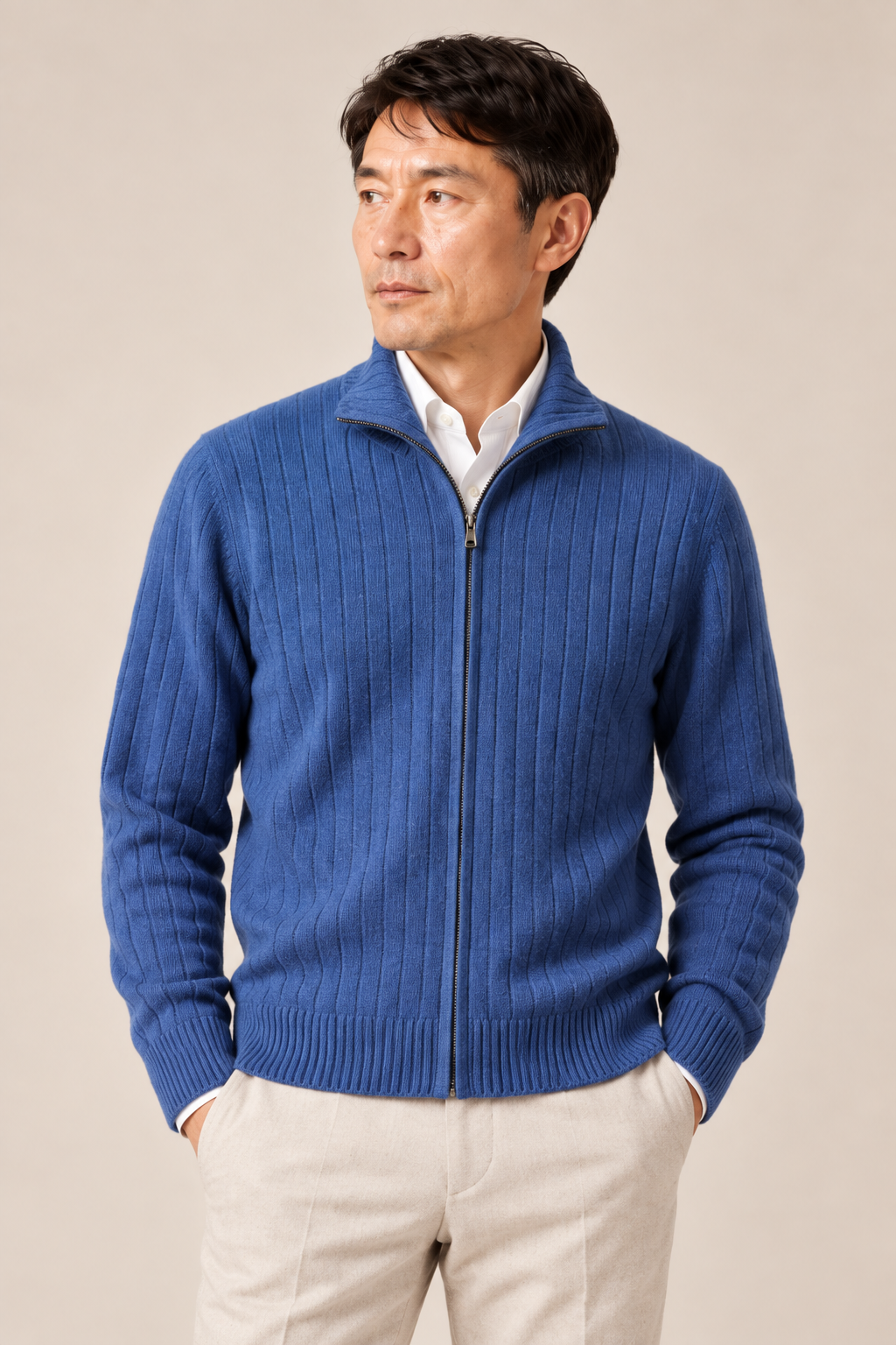 Men’s 100% Merino Wool Rib-Knit Full-Zip Cardigan