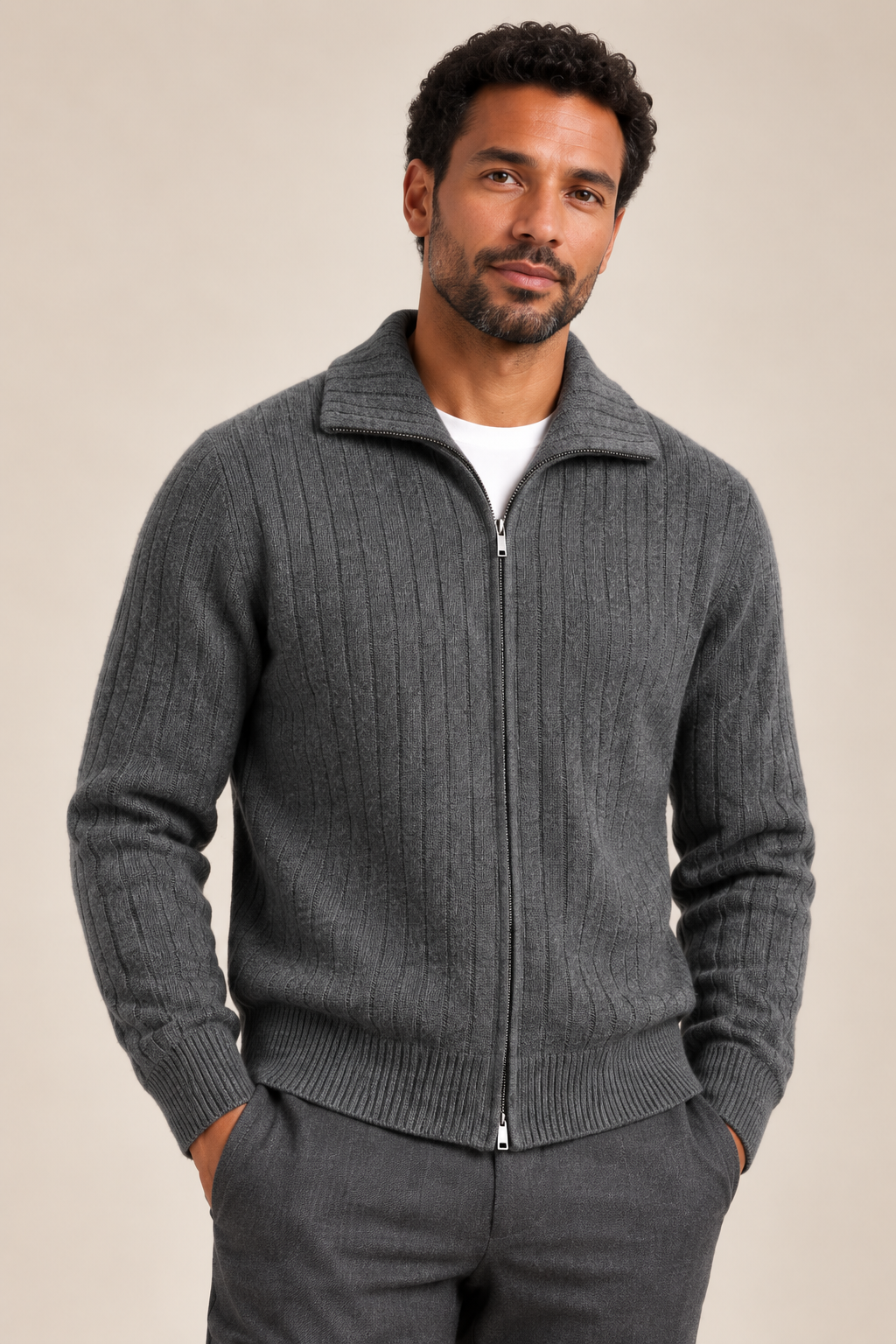 Men’s 100% Merino Wool Rib-Knit Full-Zip Cardigan