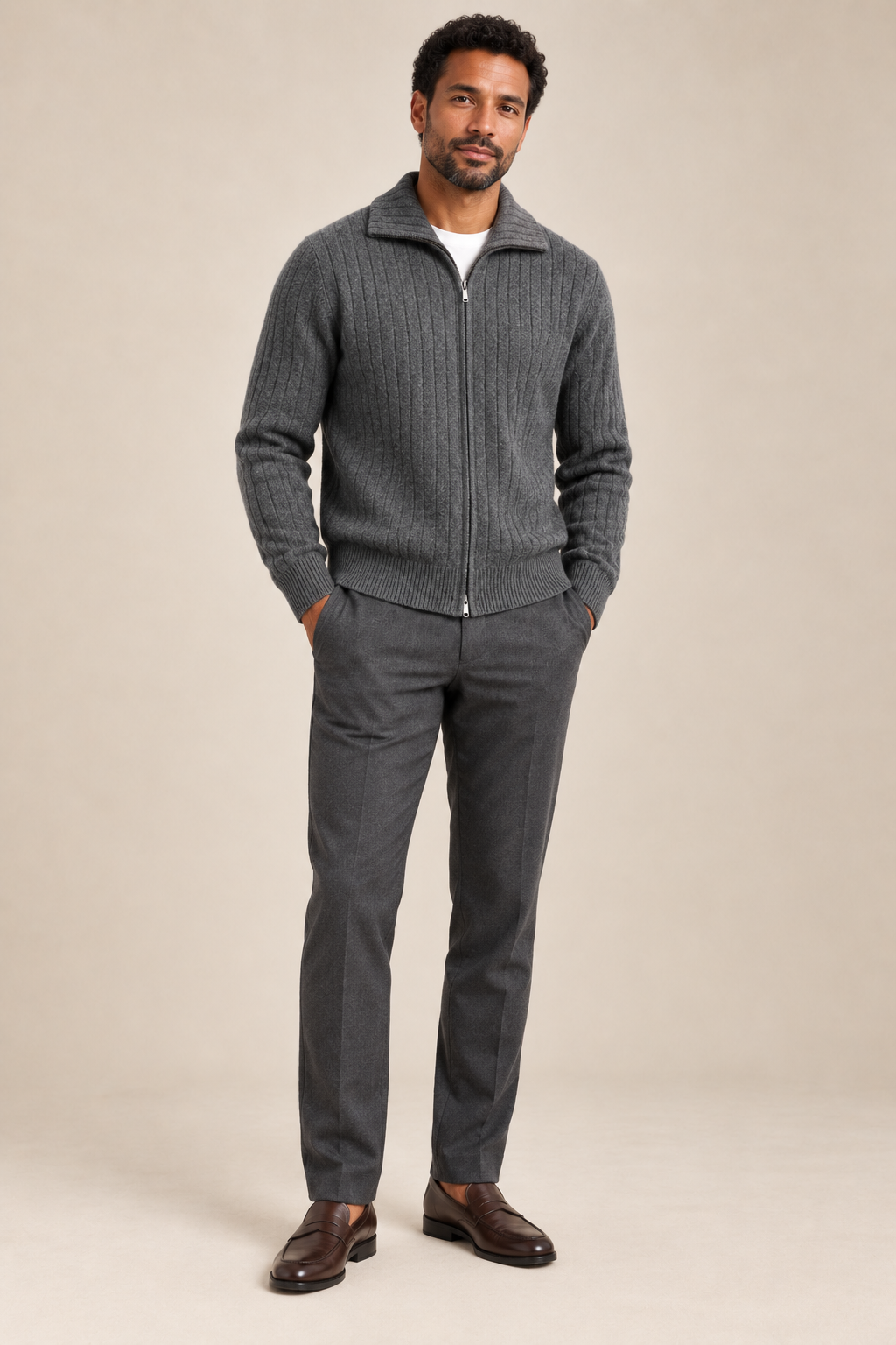 Men’s 100% Merino Wool Rib-Knit Full-Zip Cardigan