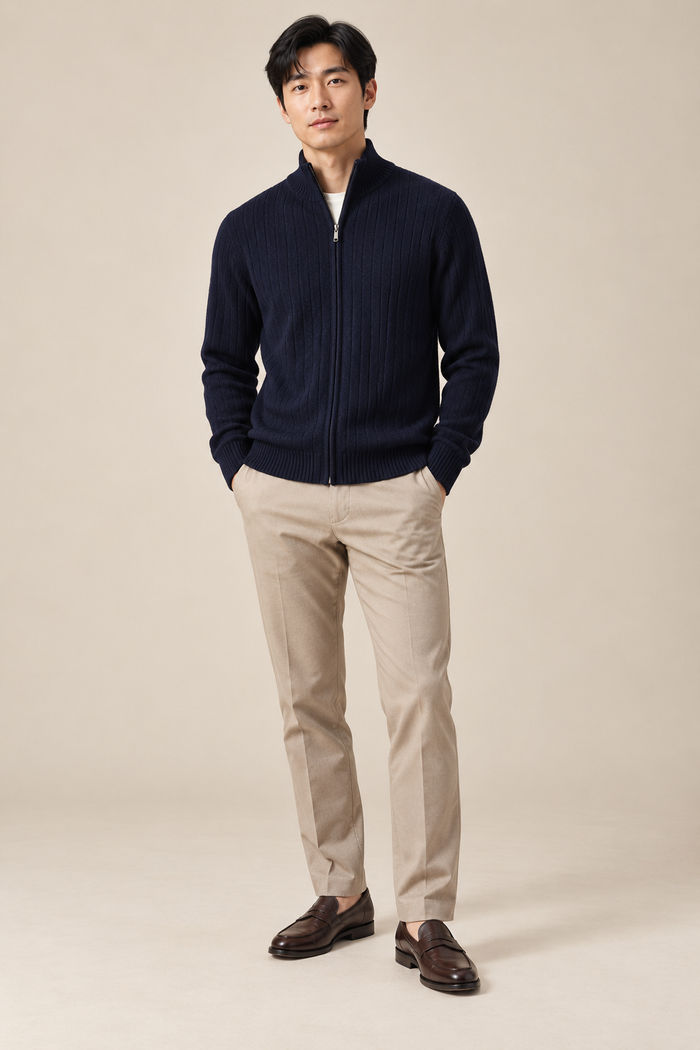 Men’s 100% Merino Wool Rib-Knit Full-Zip Cardigan
