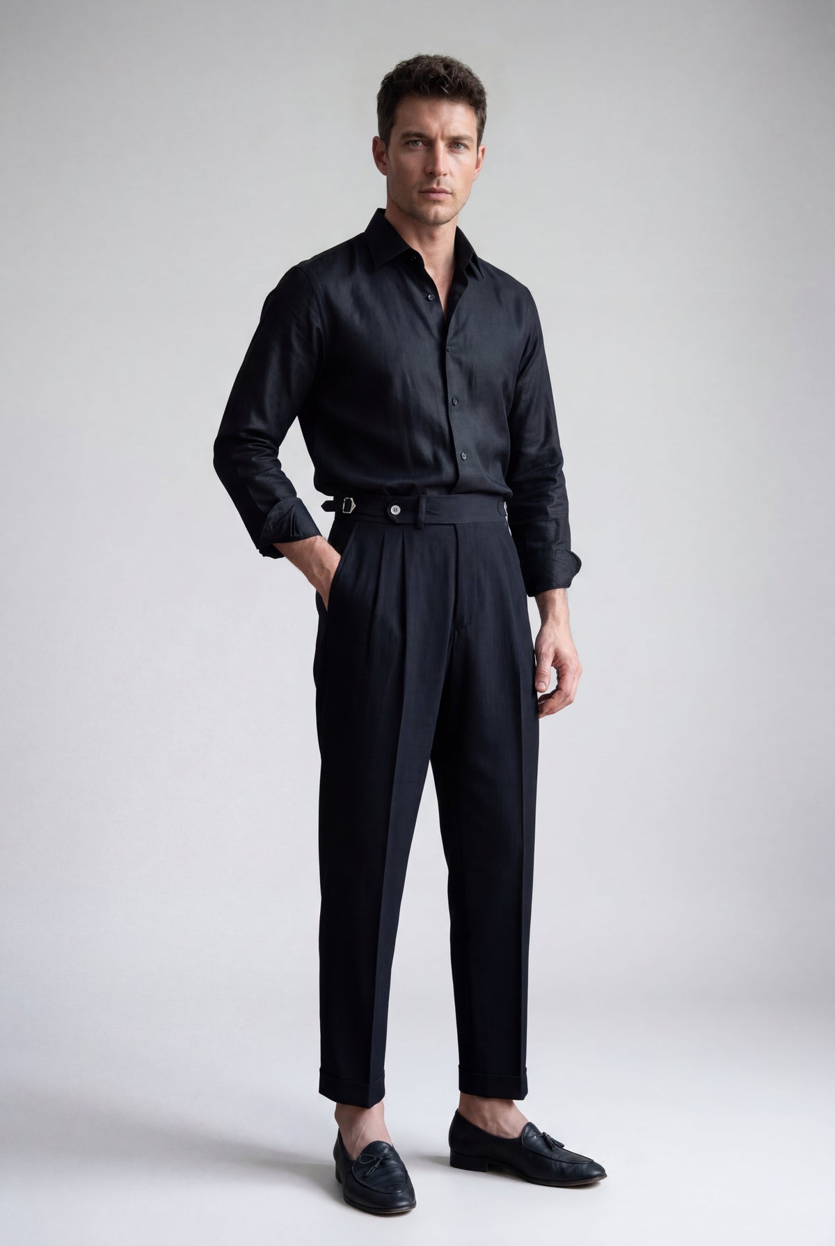 Men's Pleated Trousers with Side Adjusters and Ankle-Length Leg