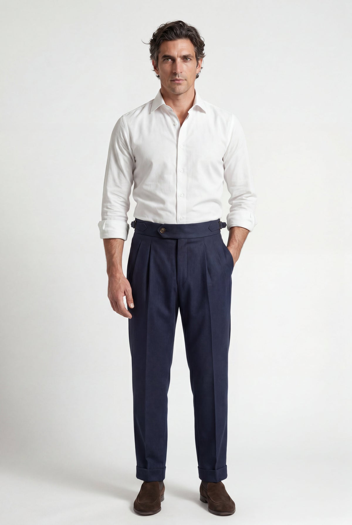 Men's Relaxed Fit Pleated Trousers with Side Adjusters