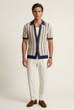 Men's Striped Knitted Shirt with Short Sleeves and Contrast Collar