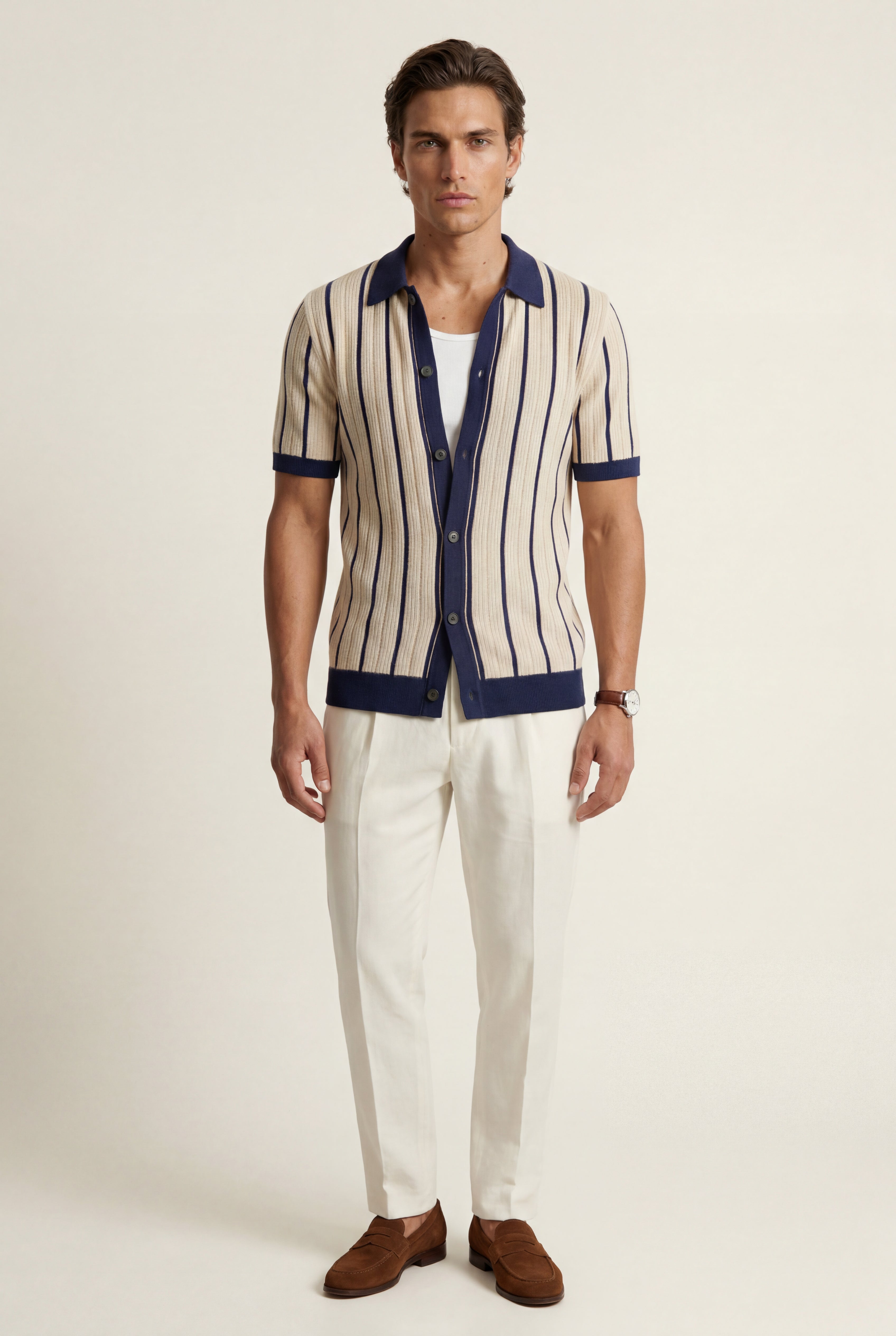 Daverno – Navy Blue Striped Button-Front Polo Shirt