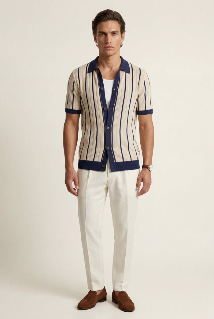 Men's Striped Knitted Shirt with Short Sleeves and Contrast Collar