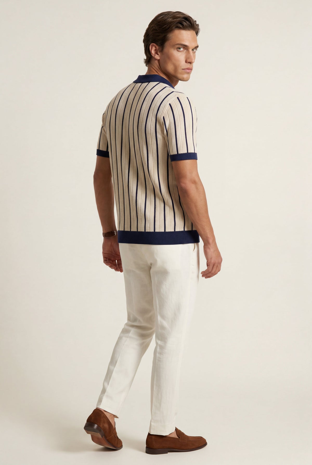 Men's Striped Knitted Shirt with Short Sleeves and Contrast Collar