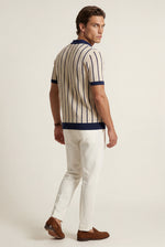 Men's Striped Knitted Shirt with Short Sleeves and Contrast Collar