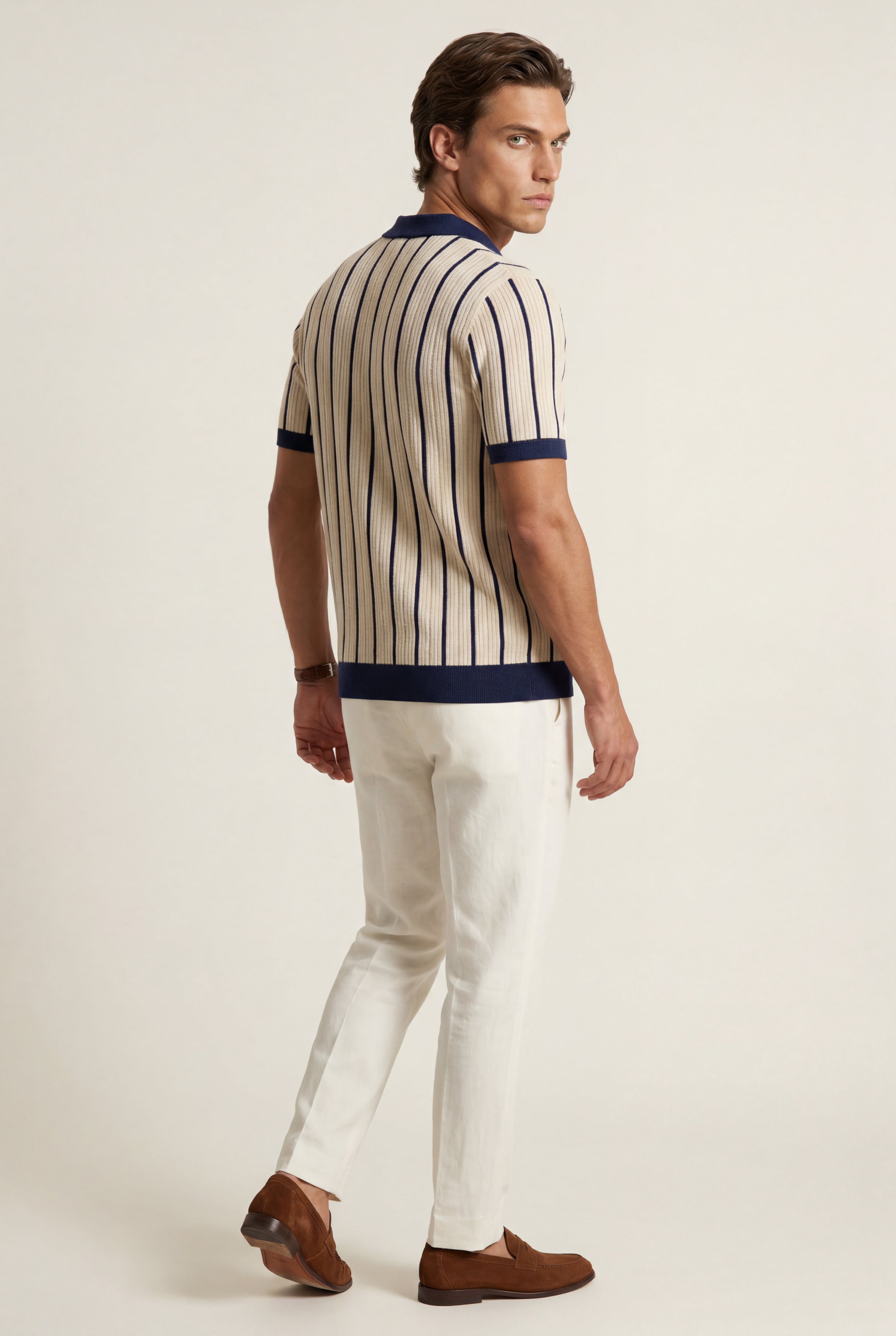 Daverno – Navy Blue Striped Button-Front Polo Shirt
