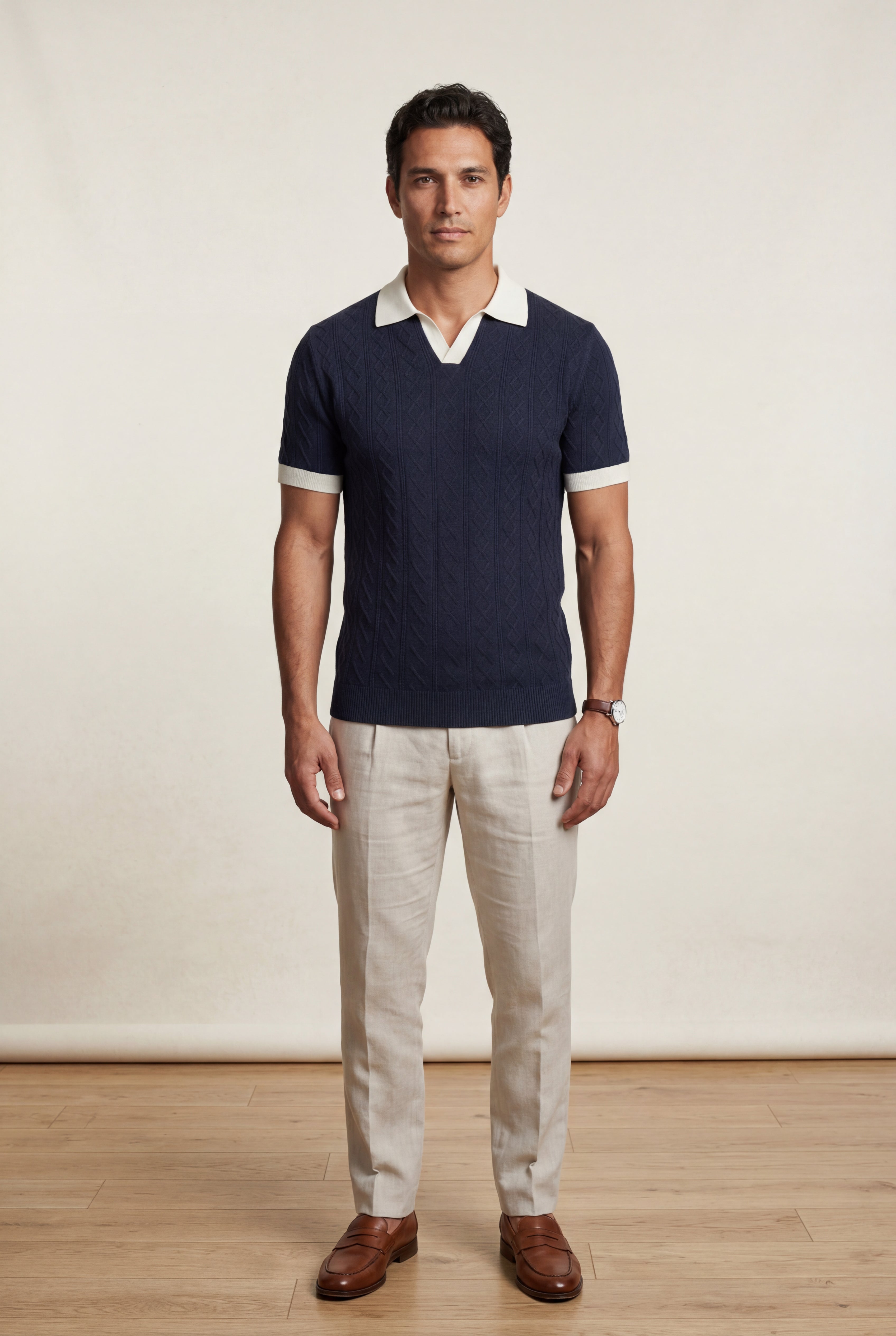 Ardovan – Navy Cable-Knit Contrast-Collar Polo Shirt