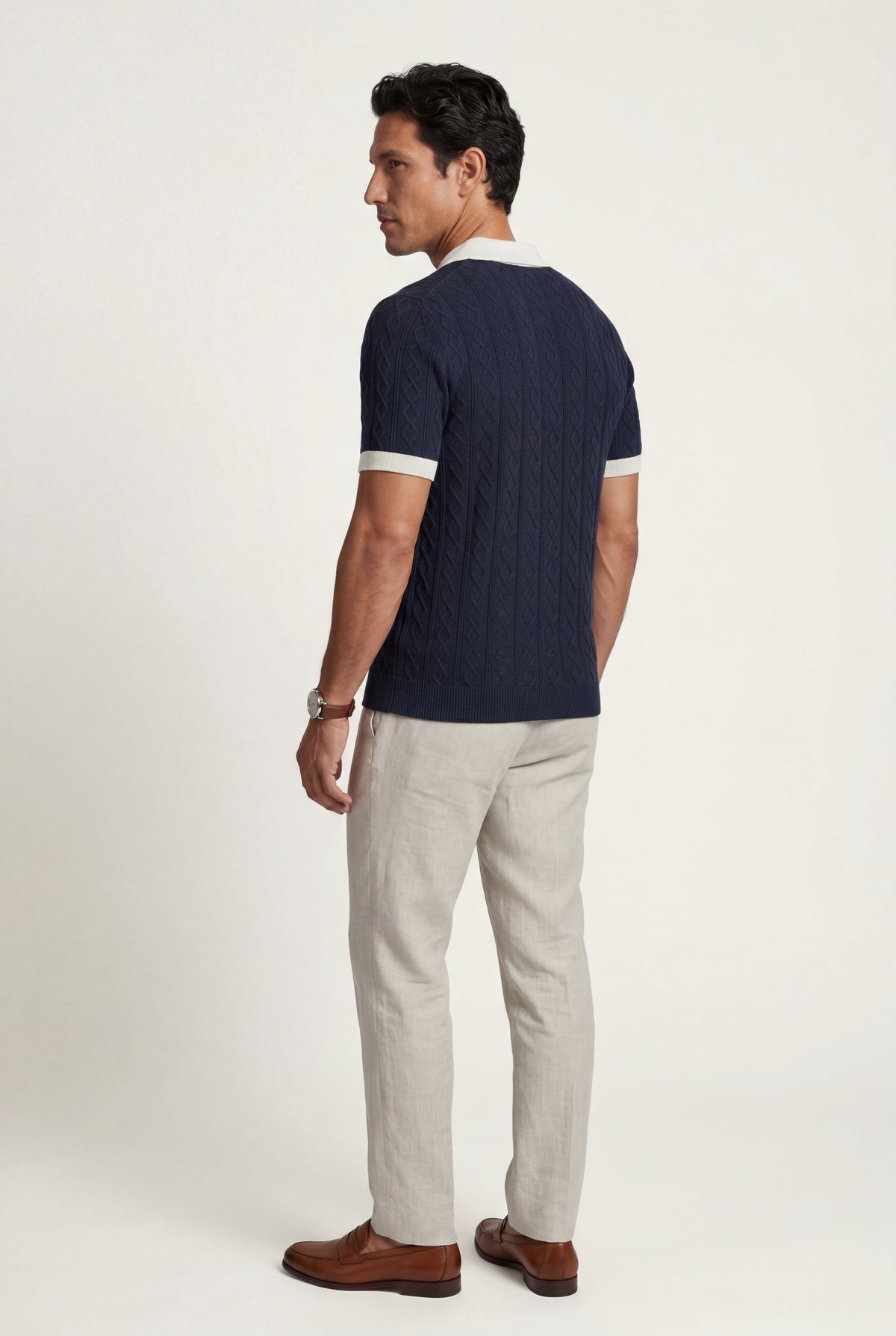Men's Cable Knit Polo Shirt with Contrast Collar