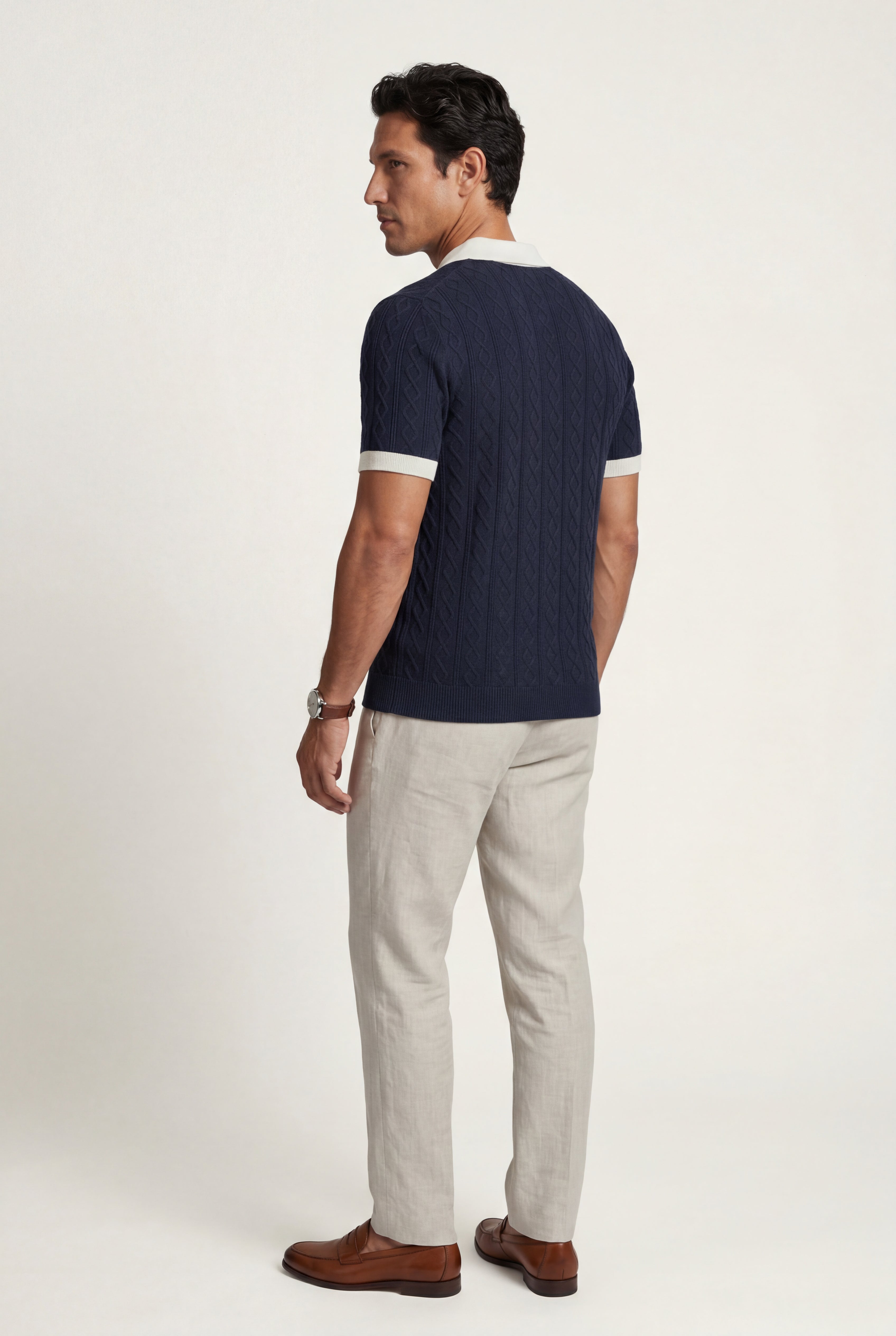 Ardovan – Navy Cable-Knit Contrast-Collar Polo Shirt