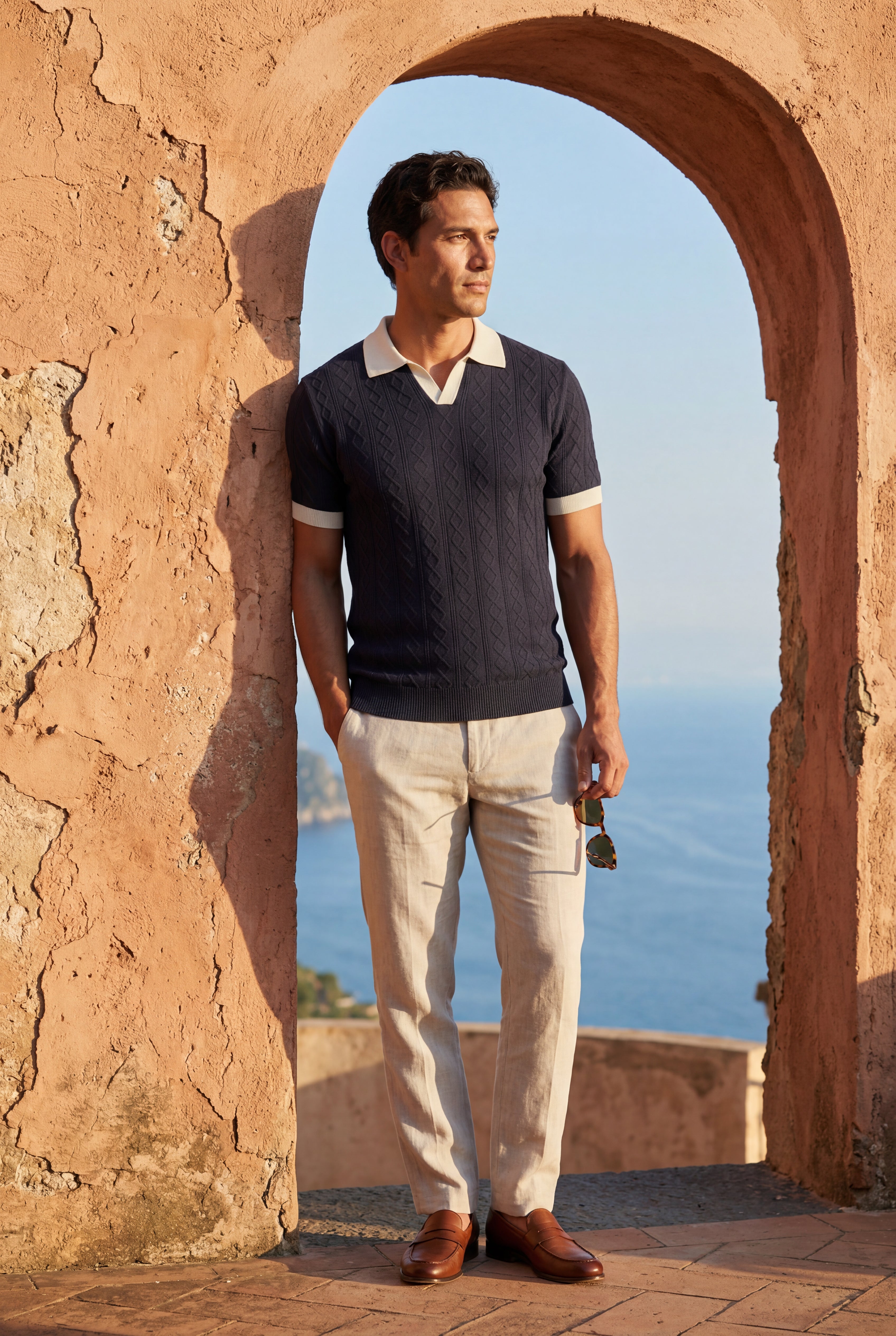 Ardovan – Navy Cable-Knit Contrast-Collar Polo Shirt