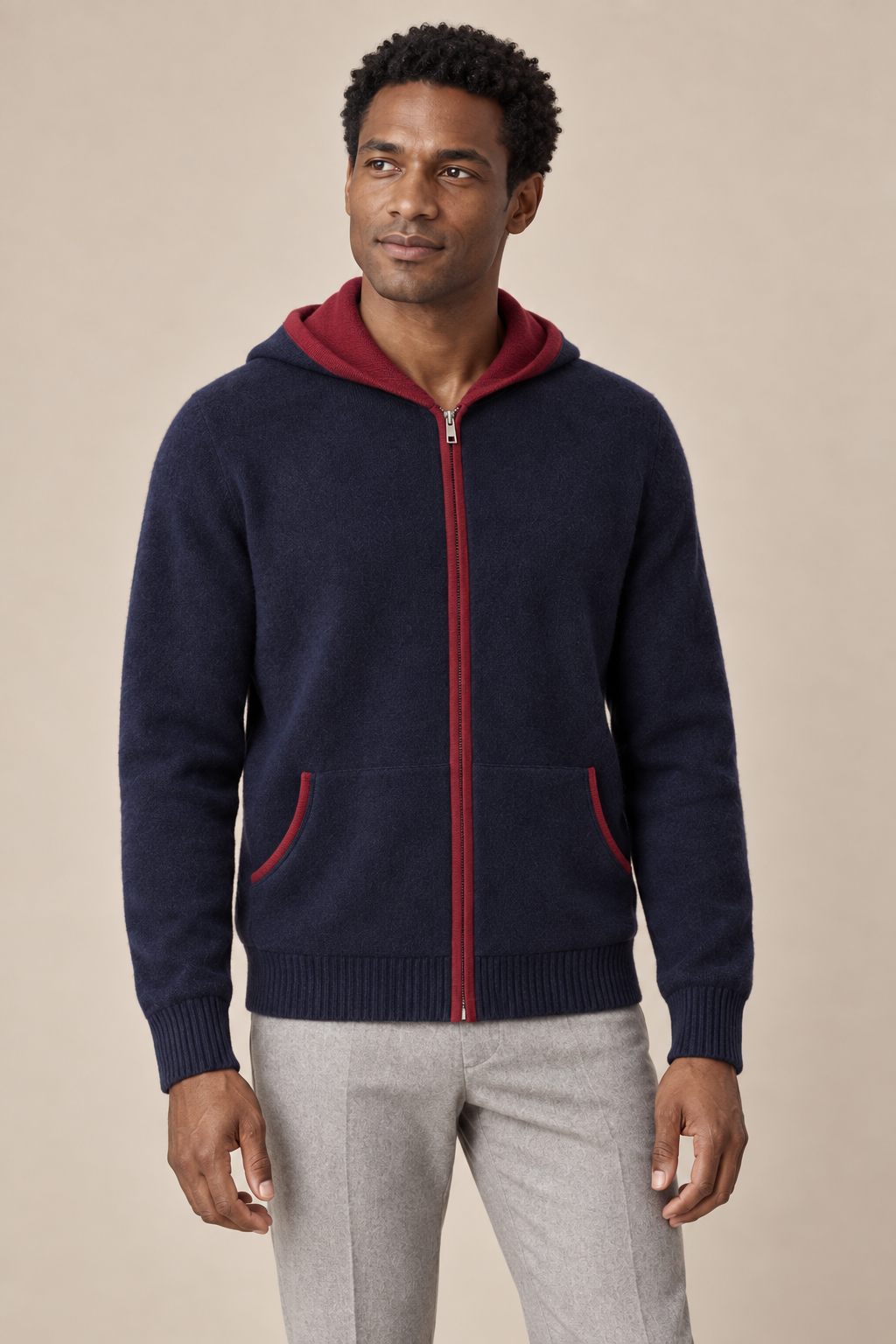 Men’s 100% Cashmere Full-Zip Hoodie with Contrast Trim