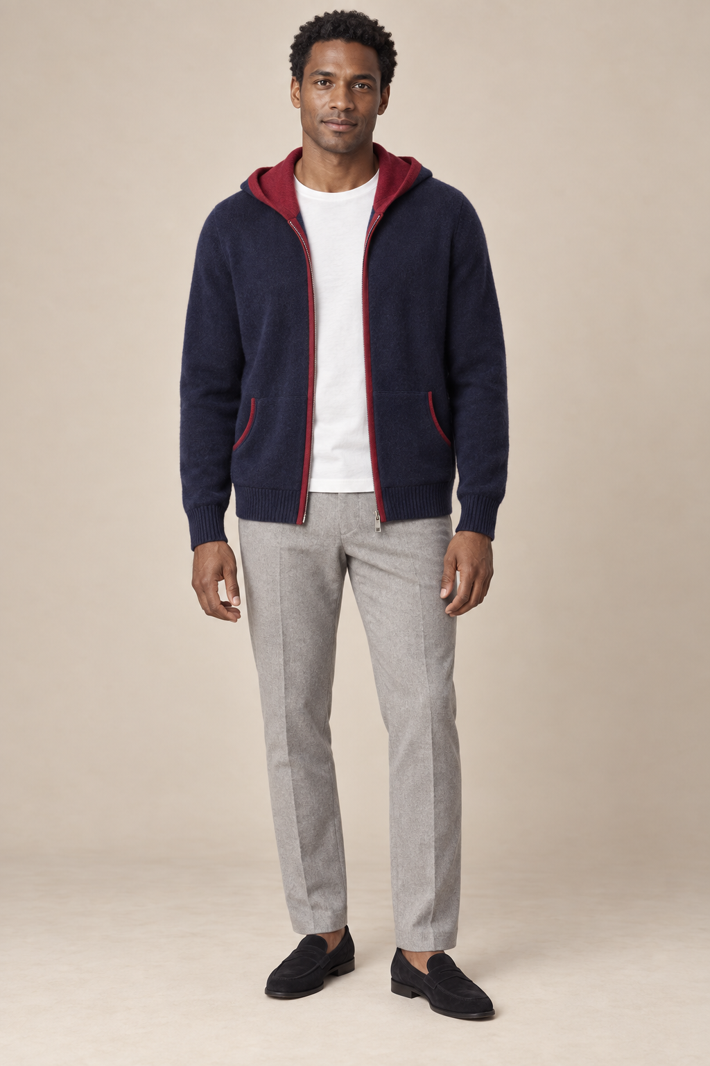 Men’s 100% Cashmere Full-Zip Hoodie with Contrast Trim