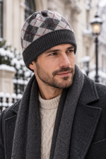 Men’s 100% Cashmere Knitted Plaid Beanie Hat