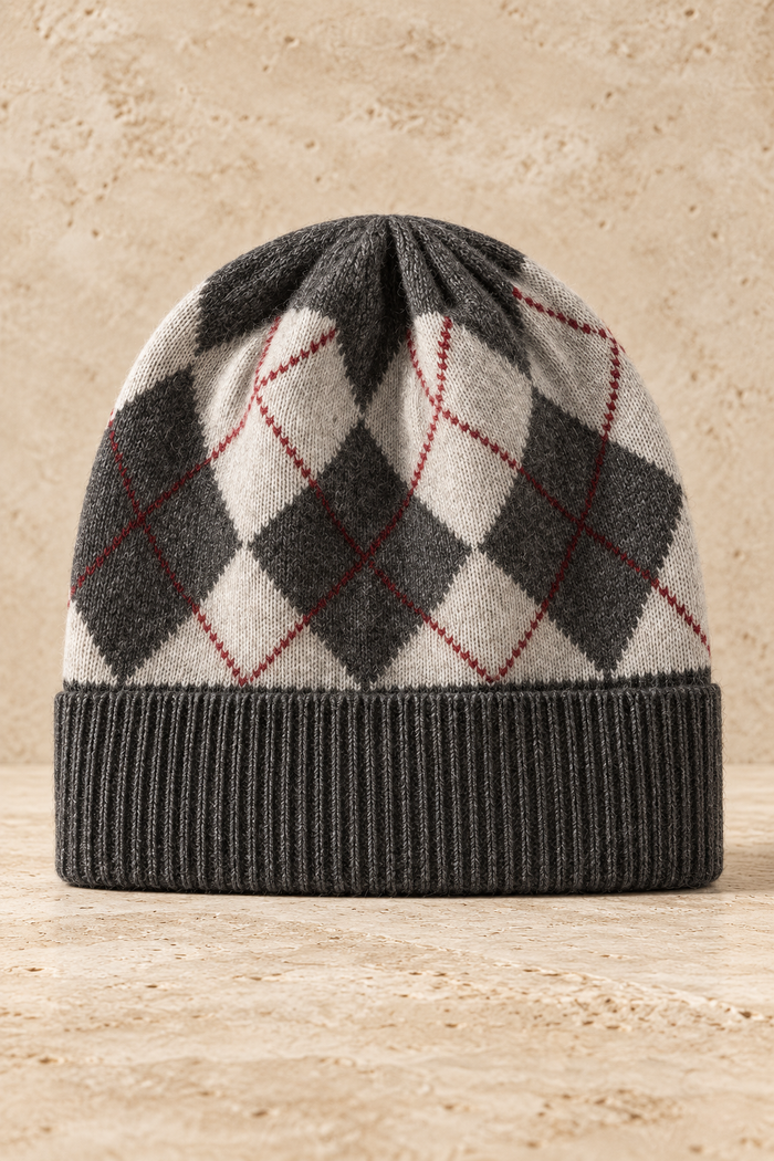 Men’s 100% Cashmere Knitted Plaid Beanie Hat