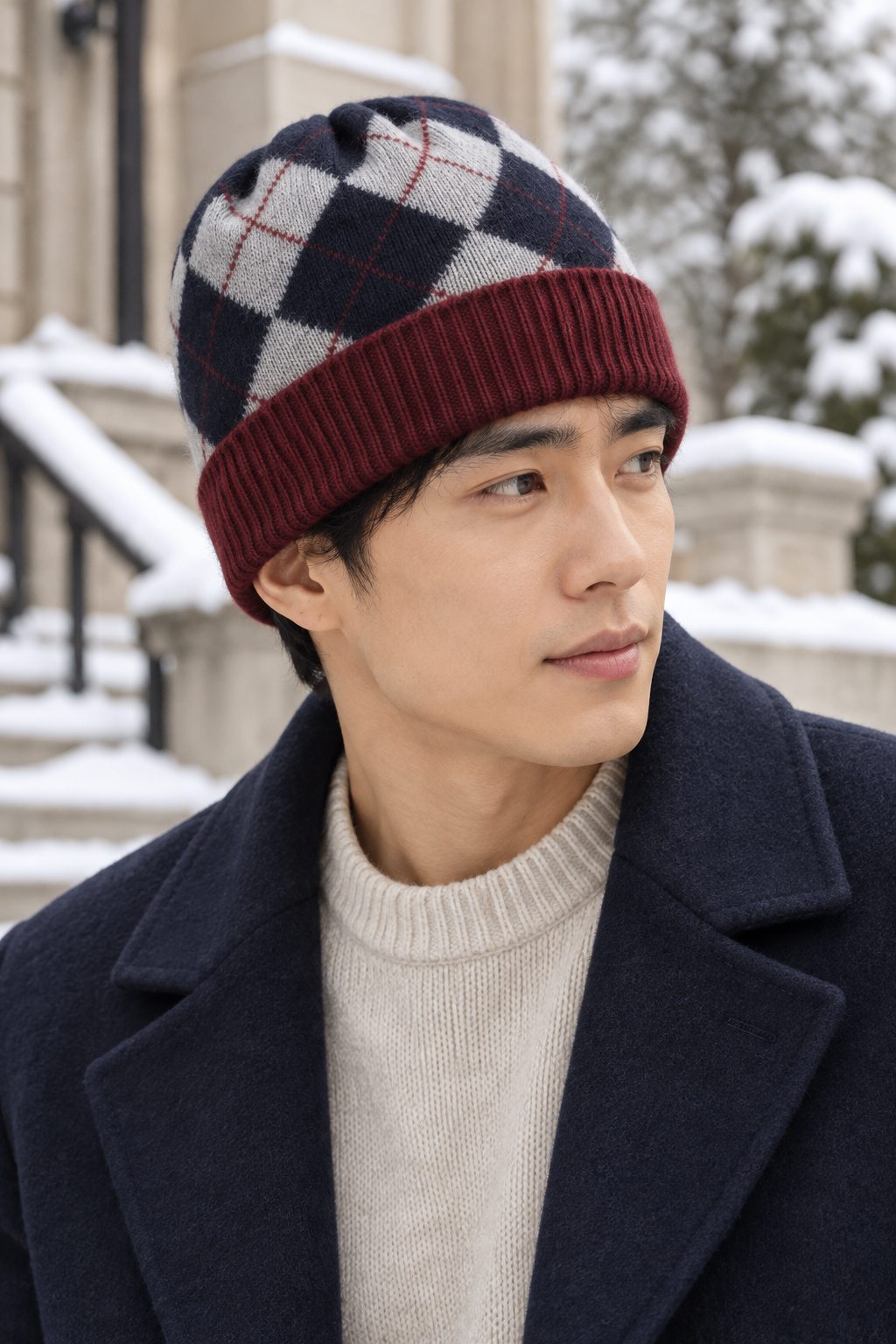 Men’s 100% Cashmere Knitted Plaid Beanie Hat
