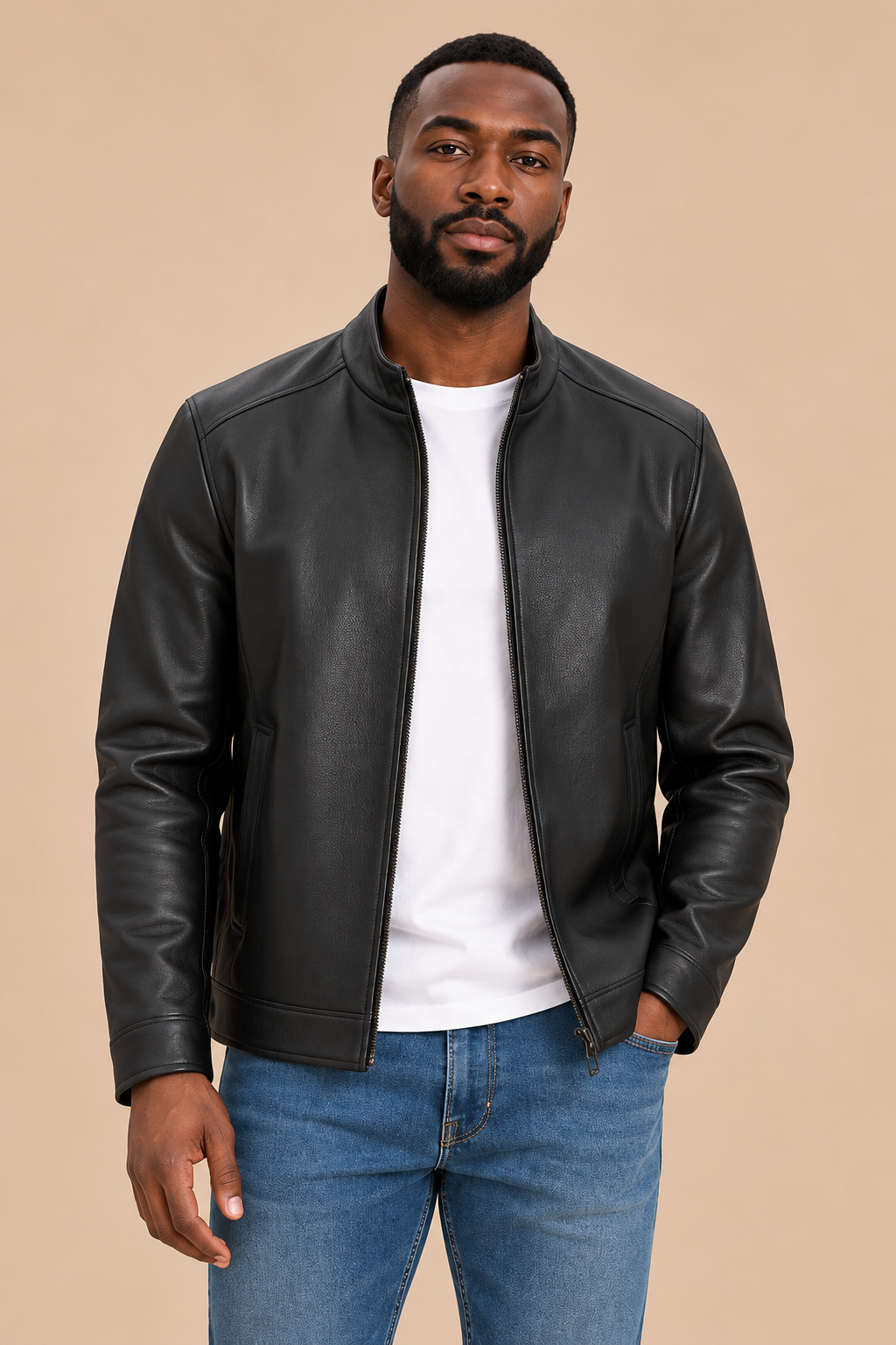 Men’s Sheepskin Leather Jacket with Stand Collar