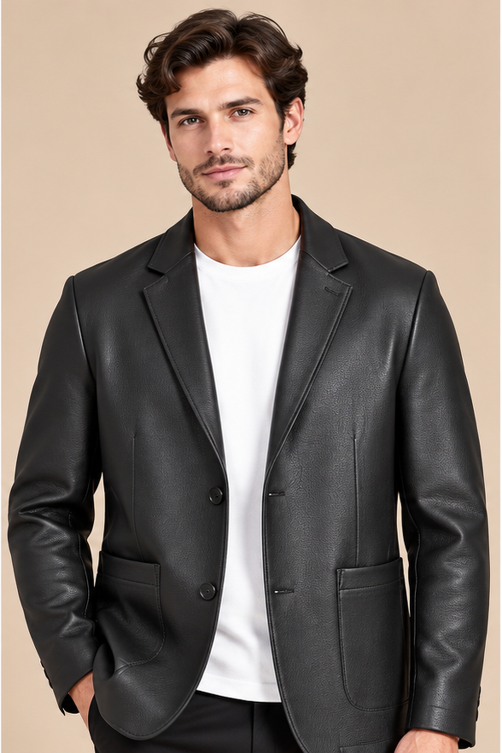 Men’s Genuine Sheepskin Leather Jacket with Turn-Down Collar