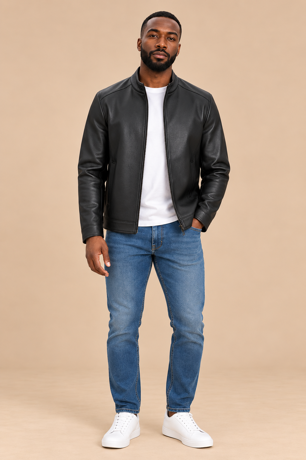 Men’s Sheepskin Leather Jacket with Stand Collar