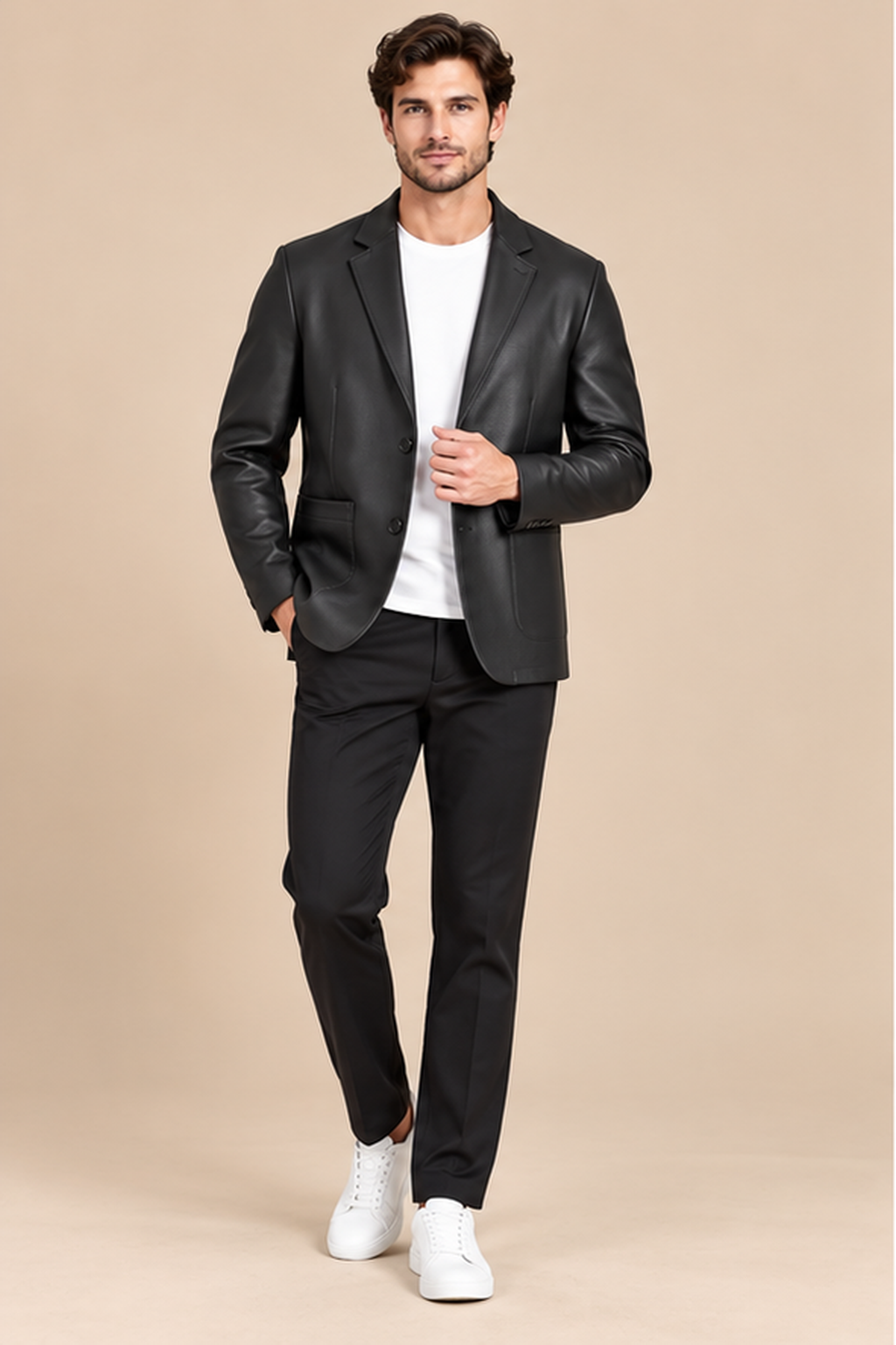 Men’s Genuine Sheepskin Leather Jacket with Turn-Down Collar