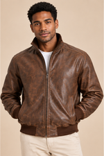 Men’s genuine Leather Bomber Jacket with Stand Collar