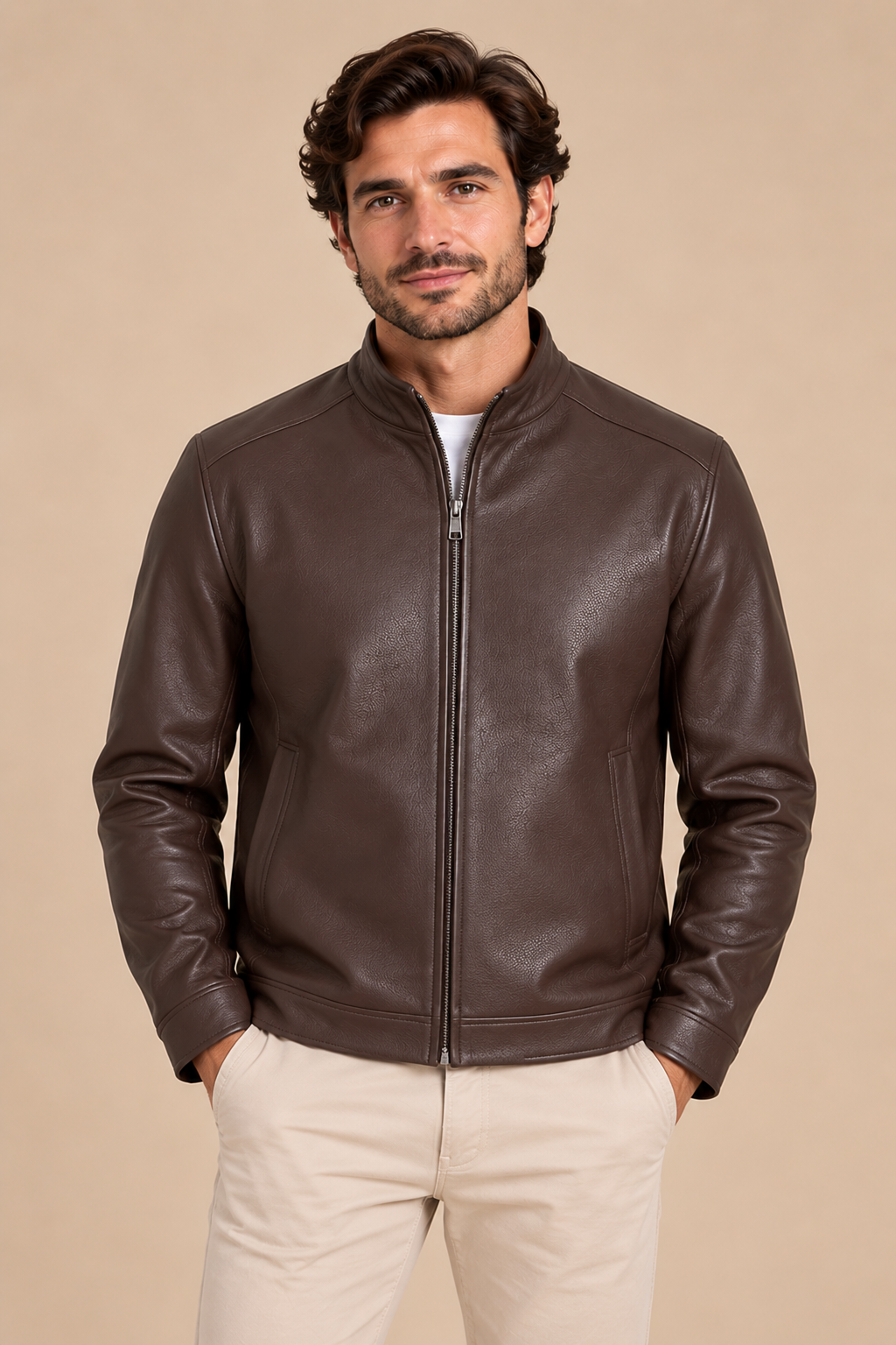 Men’s Sheepskin Leather Jacket with Stand Collar