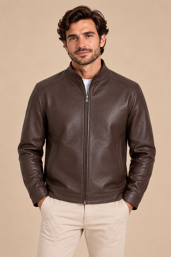 Men’s Sheepskin Leather Jacket with Stand Collar