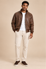 Men’s genuine Leather Bomber Jacket with Stand Collar