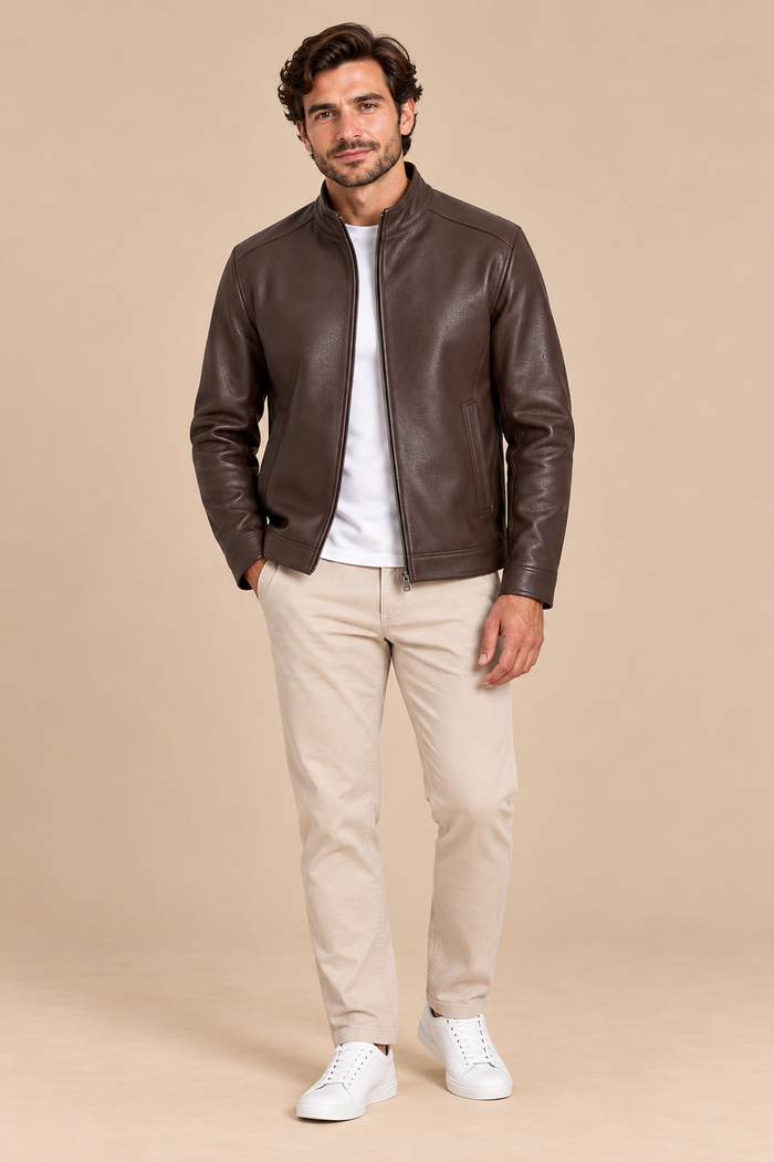 Men’s Sheepskin Leather Jacket with Stand Collar